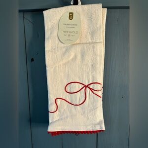 New Threshold White Kitchen Towel with Red Bow Embroidery Accent